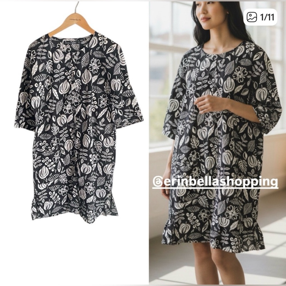 NWT Gudrun Sjoden Organic Cotton Black White Floral Tunic Dress Lagenlook